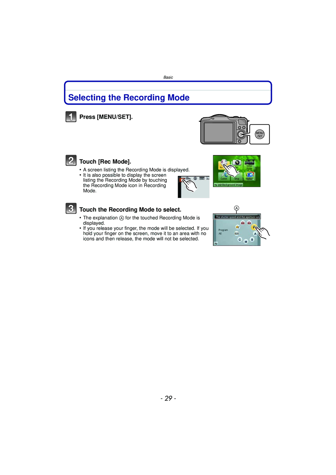 Panasonic DMC-GF5 Selecting the Recording Mode, Press MENU/SET Touch Rec Mode, Touch the Recording Mode to select 