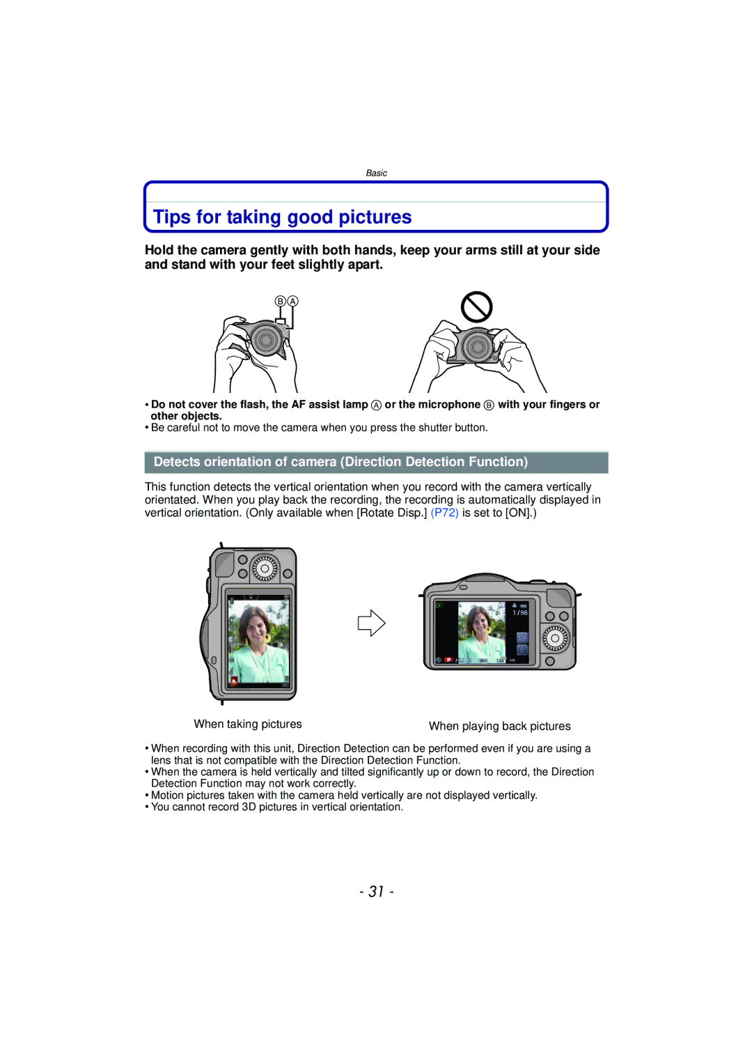 Panasonic DMC-GF5 owner manual Tips for taking good pictures, Detects orientation of camera Direction Detection Function 