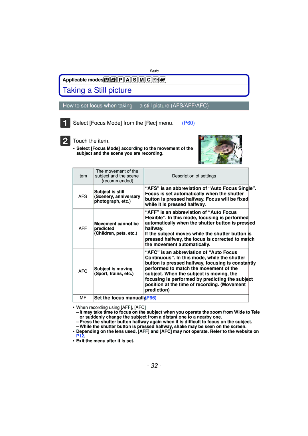 Panasonic DMC-GF5 owner manual Taking a Still picture, How to set focus when taking a still picture AFS/AFF/AFC 