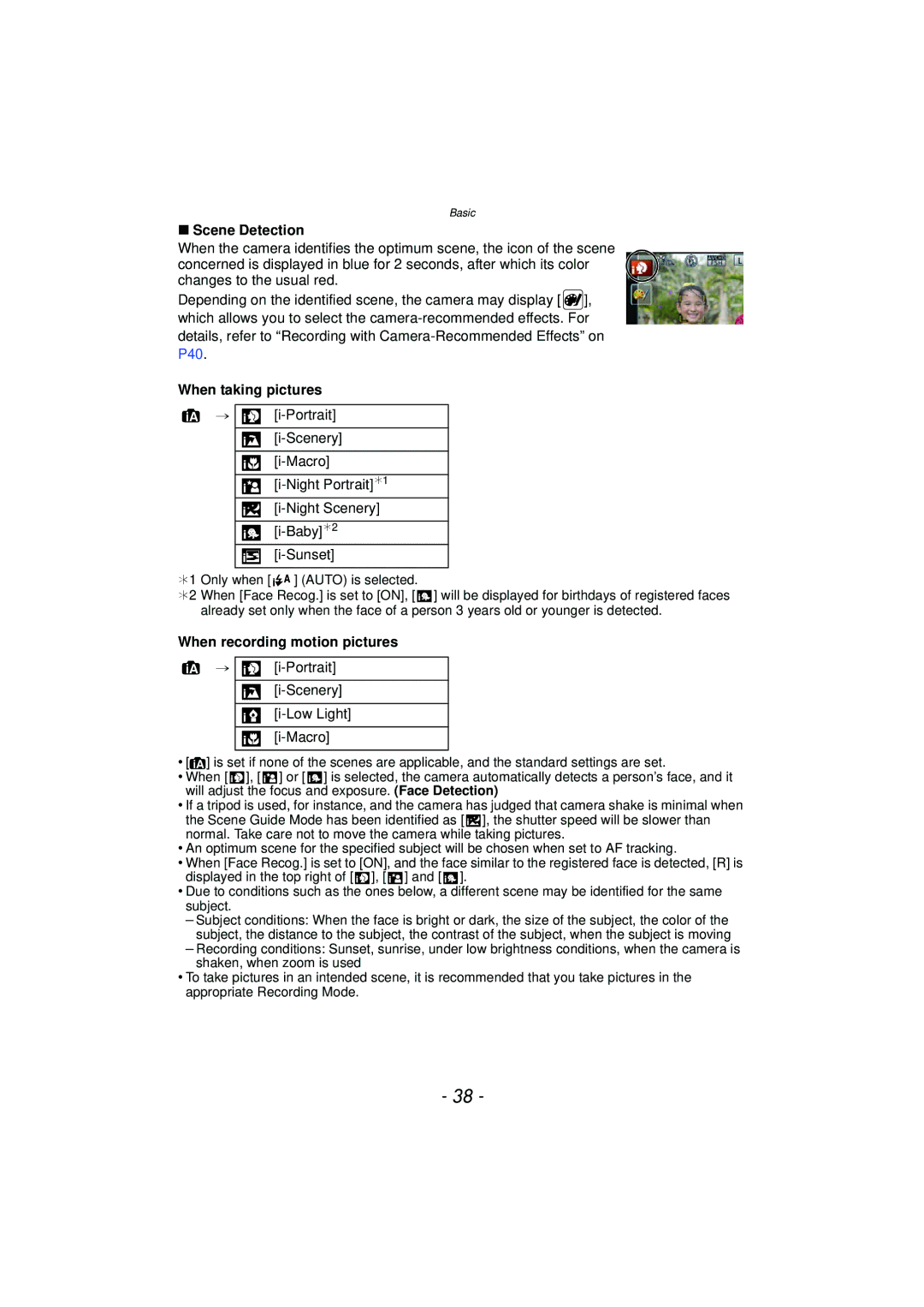 Panasonic DMC-GF5 Scene Detection, When taking pictures, When recording motion pictures, Portrait Scenery Low Light Macro 