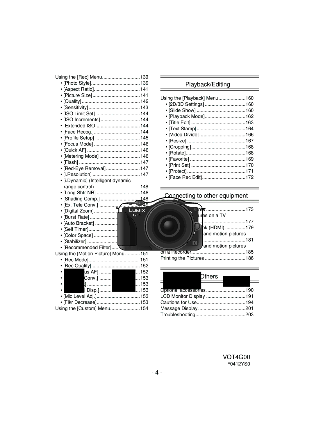 Panasonic DMC-GF5 173, 177, Using Viera Link Hdmi 179, 181, 185, 186, 190, LCD Monitor Display 191 194, 201, 203 