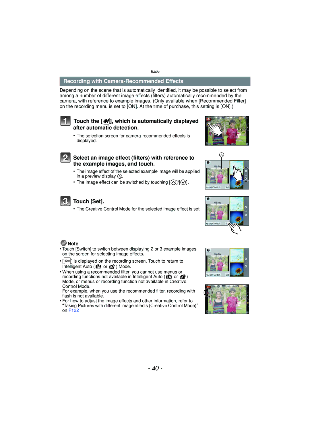 Panasonic DMC-GF5 owner manual Recording with Camera-Recommended Effects, Touch Set, Displayed 