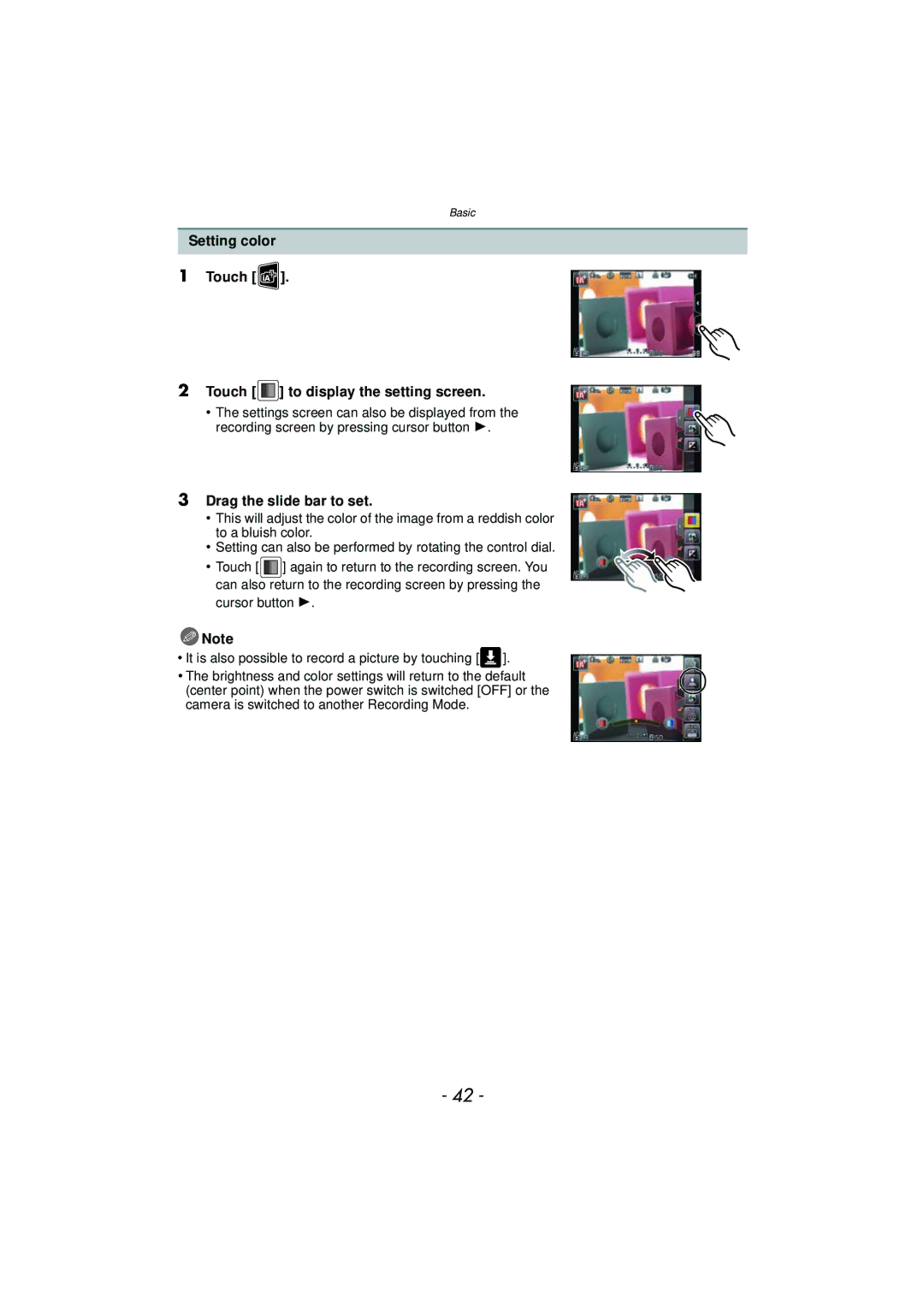 Panasonic DMC-GF5 owner manual Setting color Touch Touch to display the setting screen 