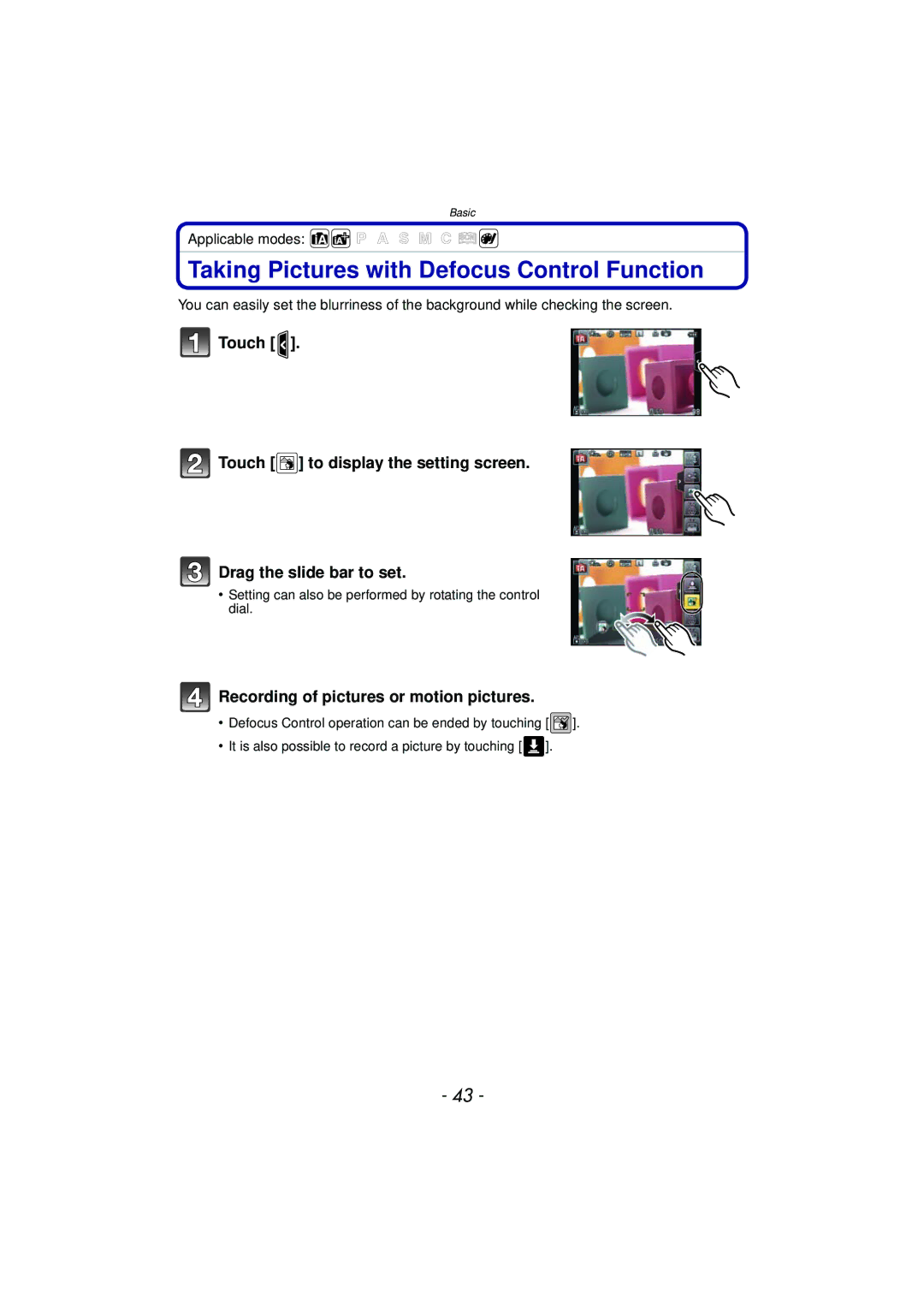 Panasonic DMC-GF5 owner manual Taking Pictures with Defocus Control Function, Recording of pictures or motion pictures 