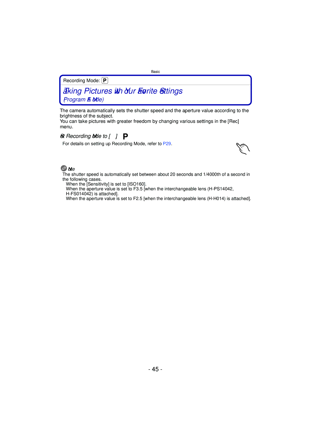 Panasonic DMC-GF5 owner manual Taking Pictures with Your Favorite Settings, Program AE Mode 