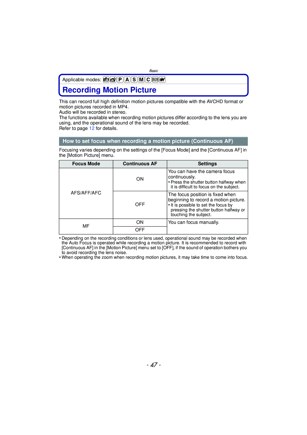 Panasonic DMC-GF5 owner manual Recording Motion Picture, Focus Mode Continuous AF Settings 