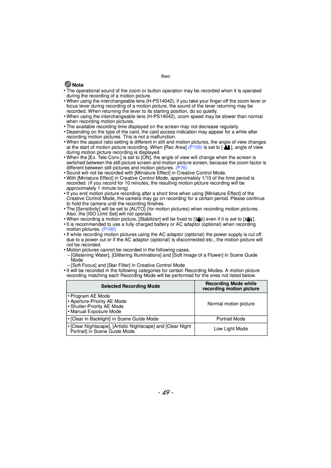 Panasonic DMC-GF5 owner manual Selected Recording Mode Recording Mode while 