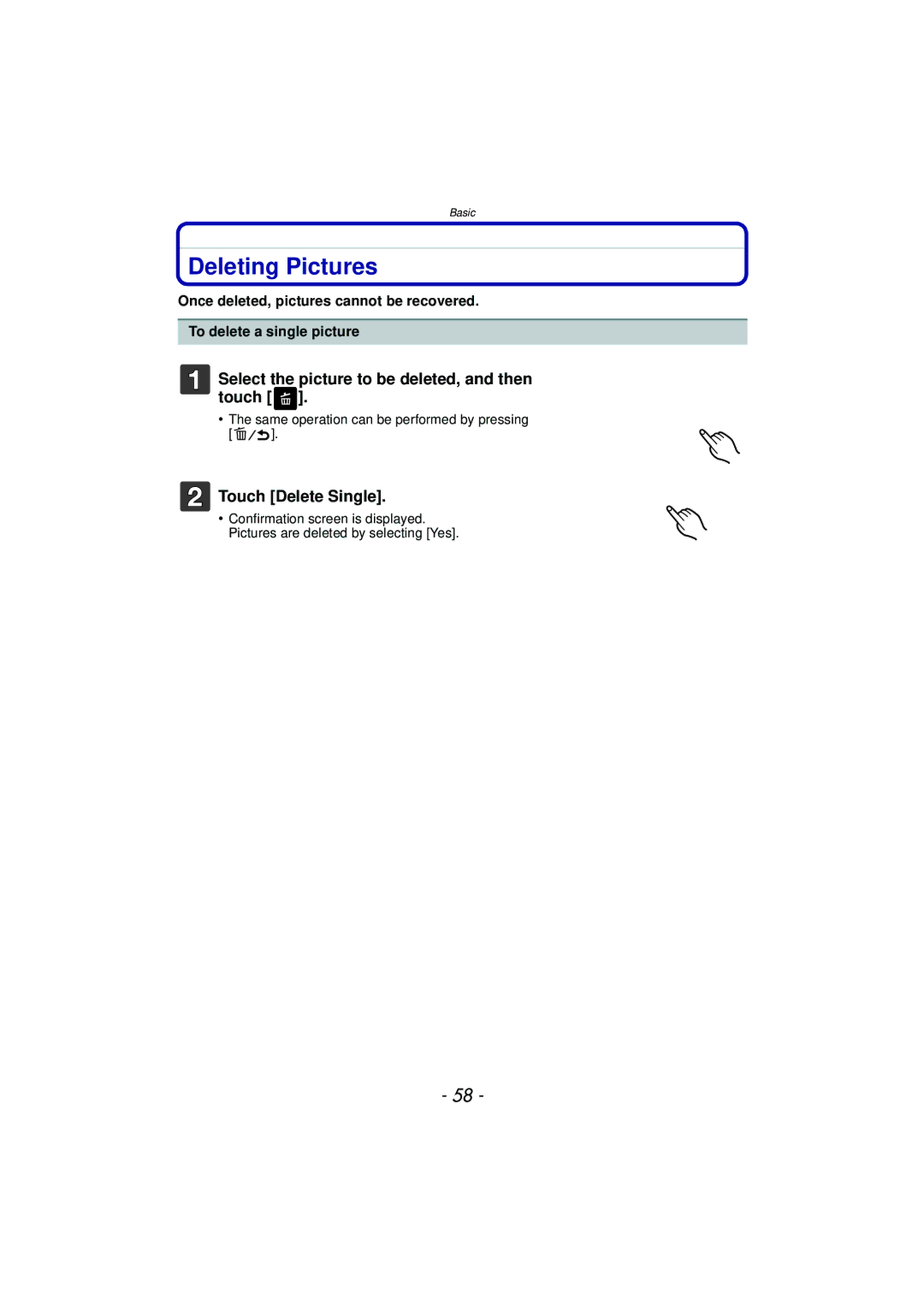 Panasonic DMC-GF5 owner manual Deleting Pictures, Select the picture to be deleted, and then touch, Touch Delete Single 