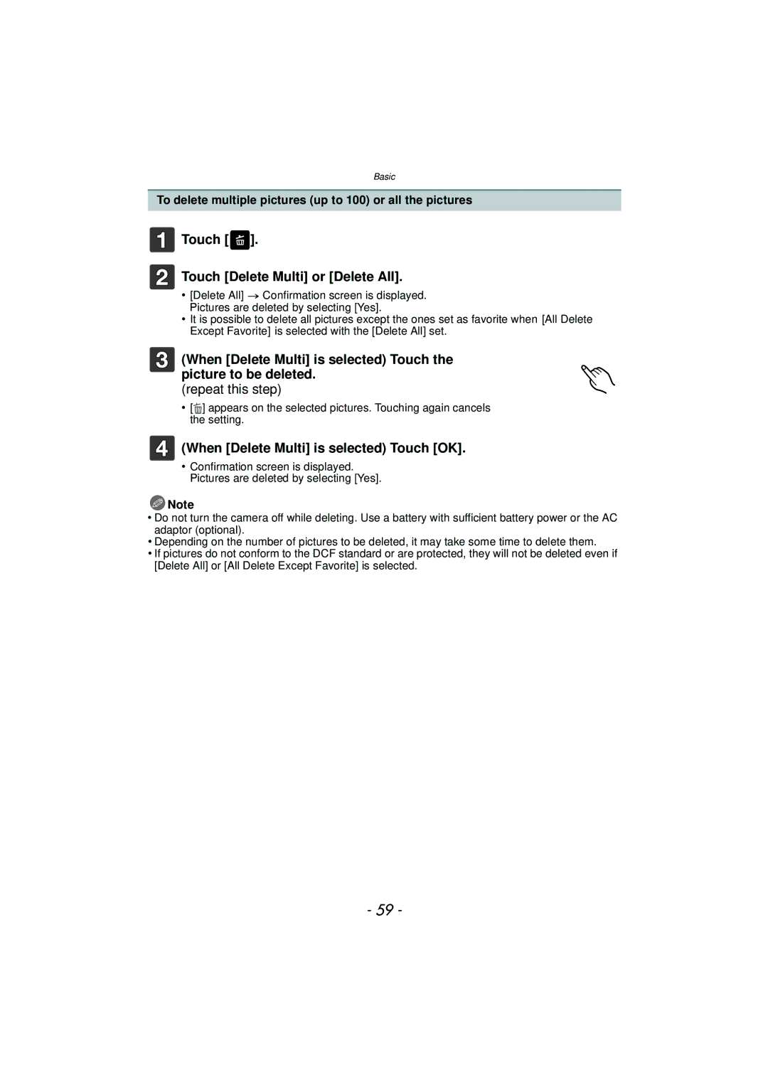 Panasonic DMC-GF5 owner manual Touch Touch Delete Multi or Delete All, When Delete Multi is selected Touch OK 