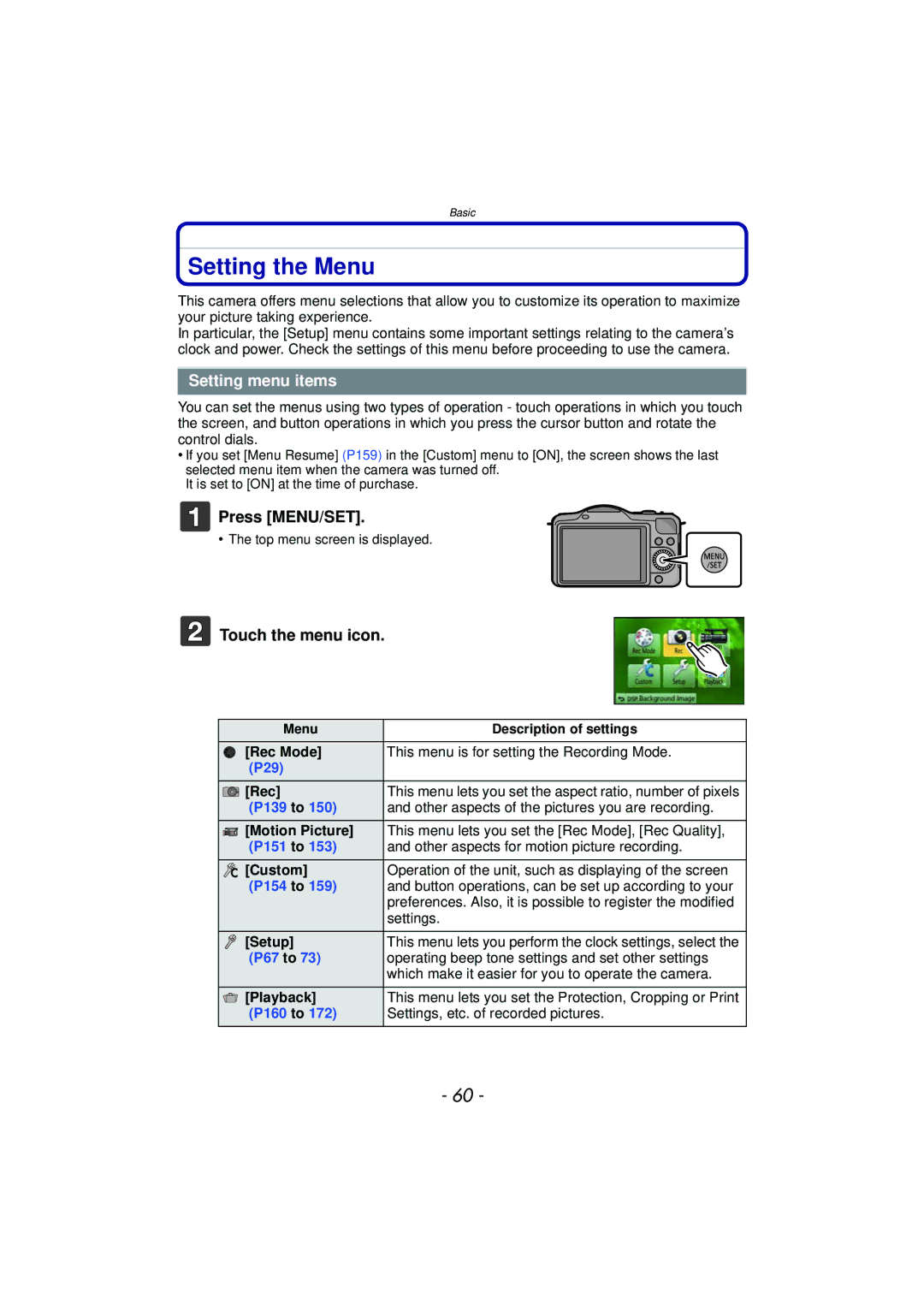 Panasonic DMC-GF5 owner manual Setting the Menu, Setting menu items, Press MENU/SET, Touch the menu icon 