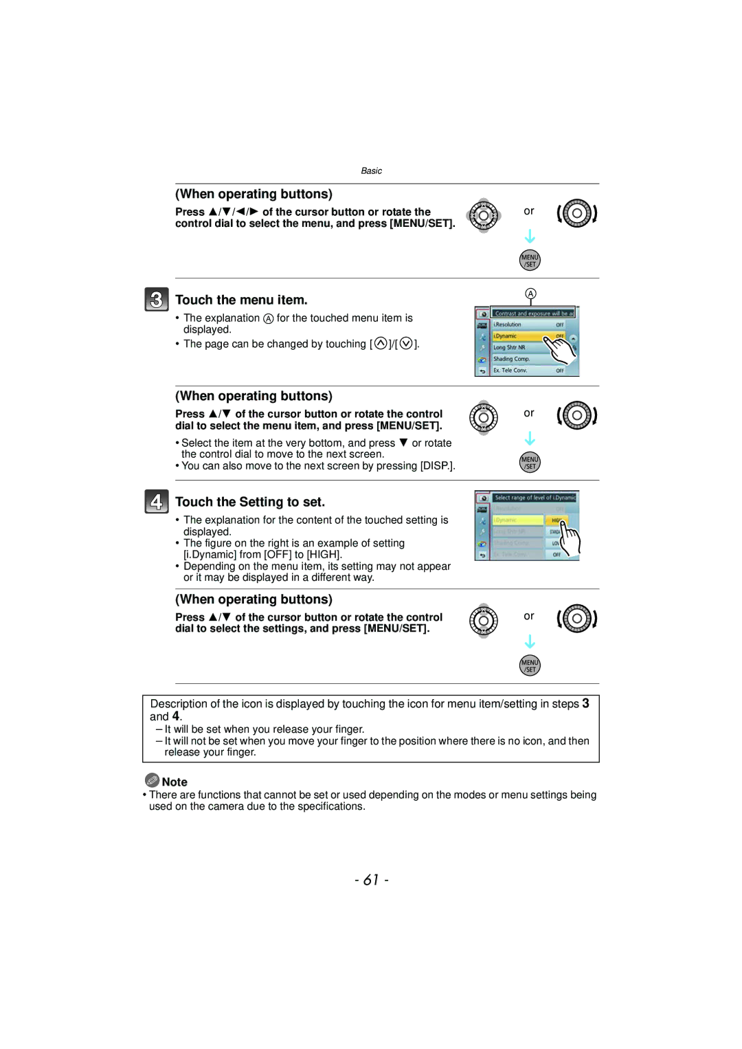 Panasonic DMC-GF5 owner manual When operating buttons, Touch the menu item, Touch the Setting to set 