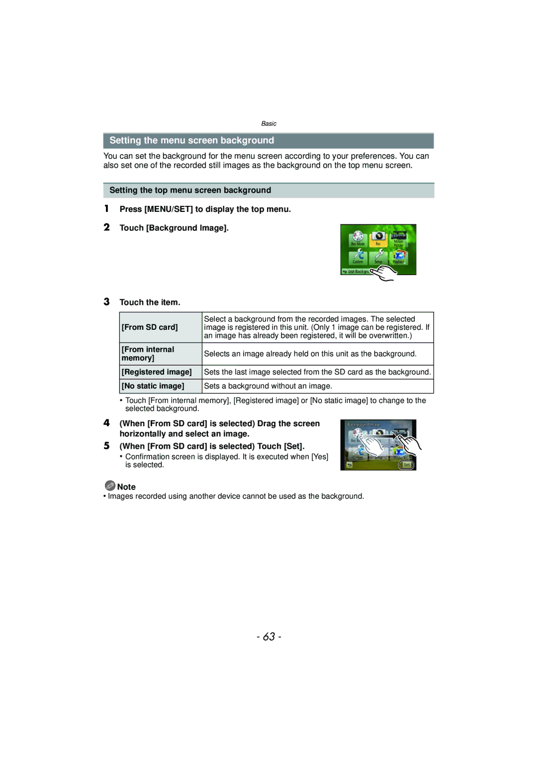 Panasonic DMC-GF5 owner manual Setting the menu screen background, No static image Sets a background without an image 