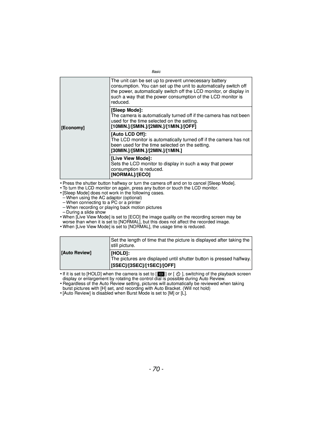 Panasonic DMC-GF5 Sleep Mode, 10MIN./5MIN./2MIN./1MIN./OFF Auto LCD Off, 30MIN./5MIN./2MIN./1MIN Live View Mode 