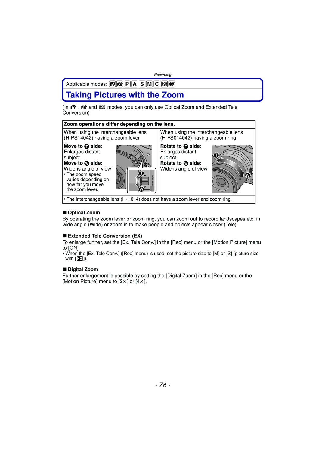 Panasonic DMC-GF5 owner manual Taking Pictures with the Zoom 