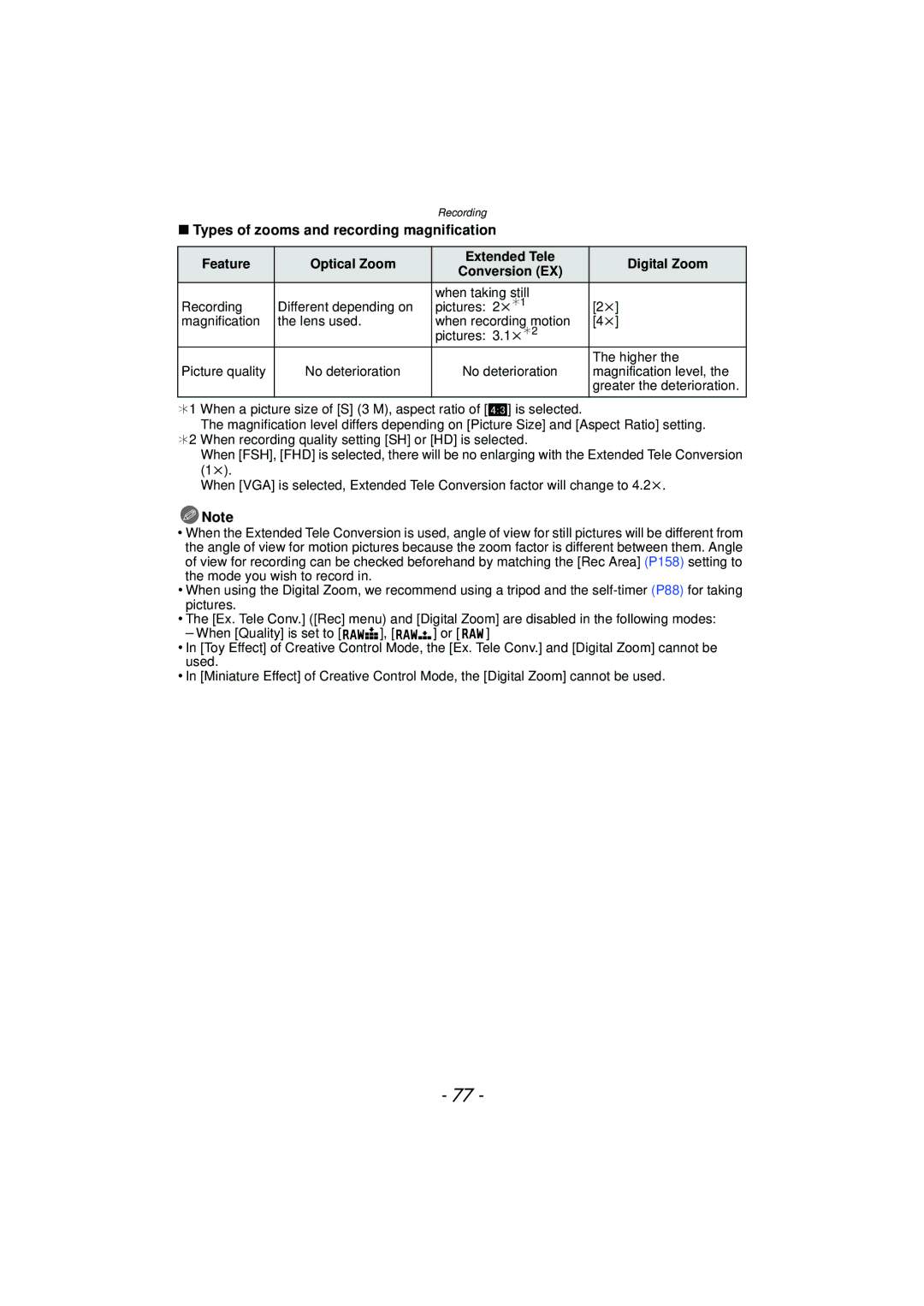 Panasonic DMC-GF5 owner manual Types of zooms and recording magnification, Feature Optical Zoom Extended Tele Digital Zoom 