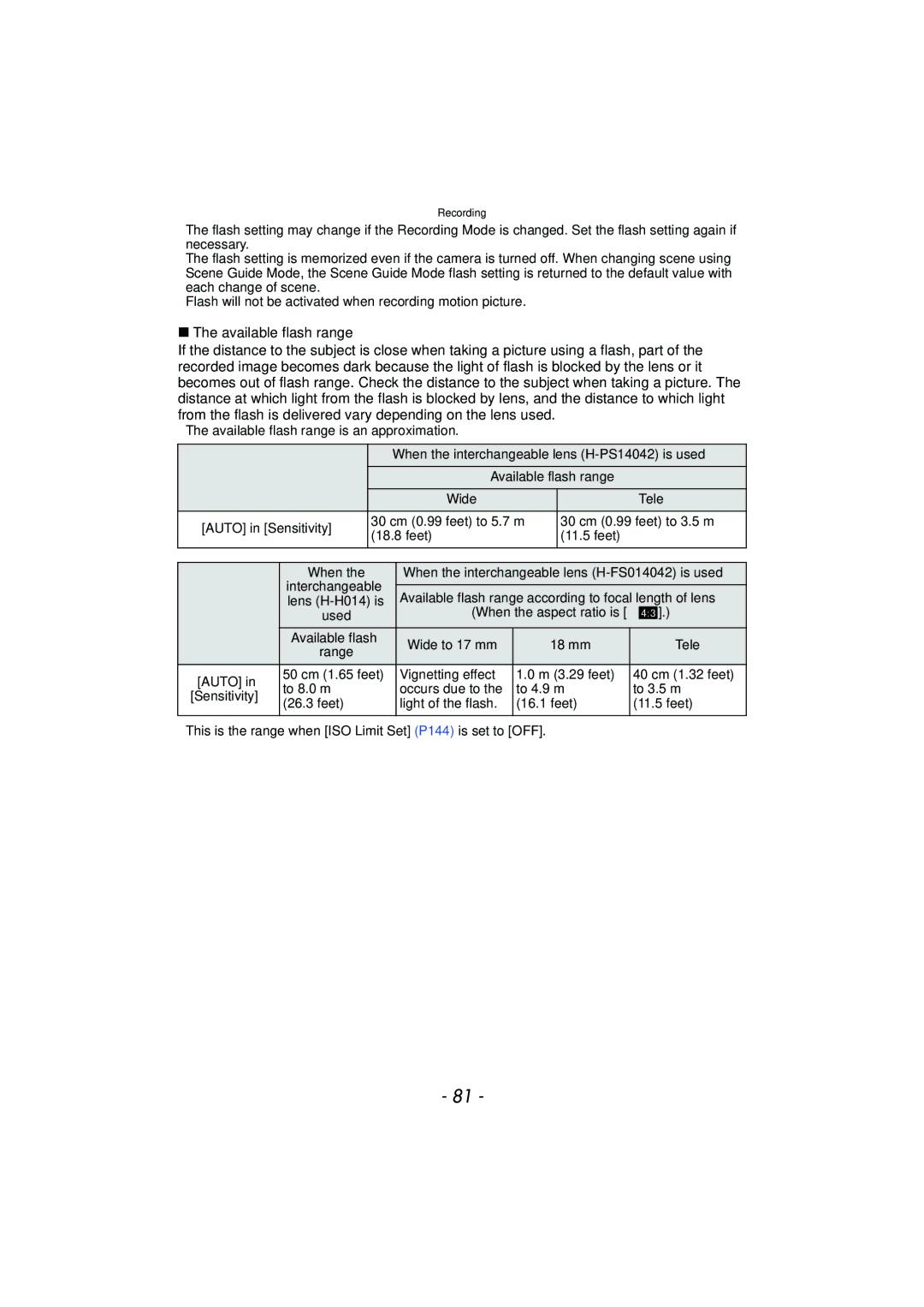 Panasonic DMC-GF5 owner manual Available flash range 