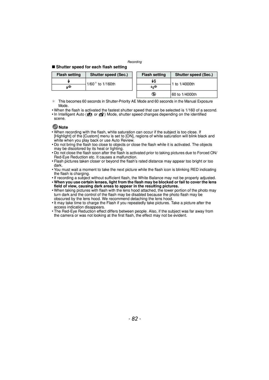 Panasonic DMC-GF5 owner manual Shutter speed for each flash setting, Flash setting Shutter speed Sec 