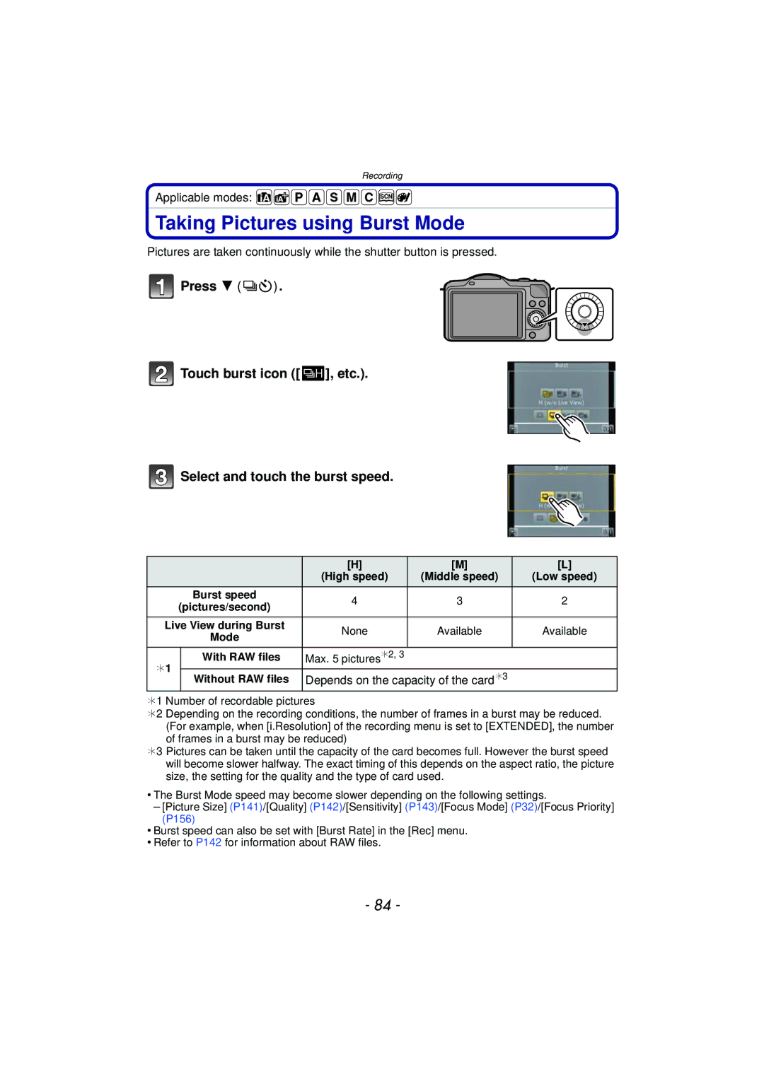 Panasonic DMC-GF5 owner manual Taking Pictures using Burst Mode, Depends on the capacity of the card¢3, High speed 