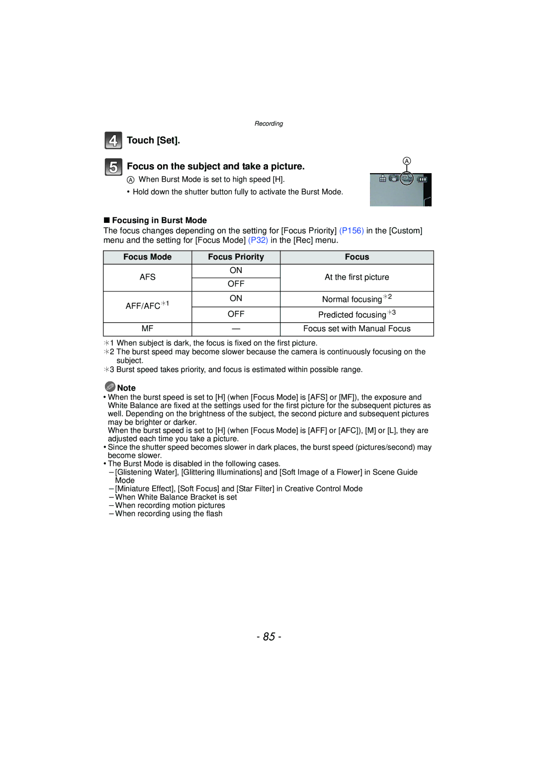 Panasonic DMC-GF5 Touch Set Focus on the subject and take a picture, Focusing in Burst Mode, Focus Mode Focus Priority 