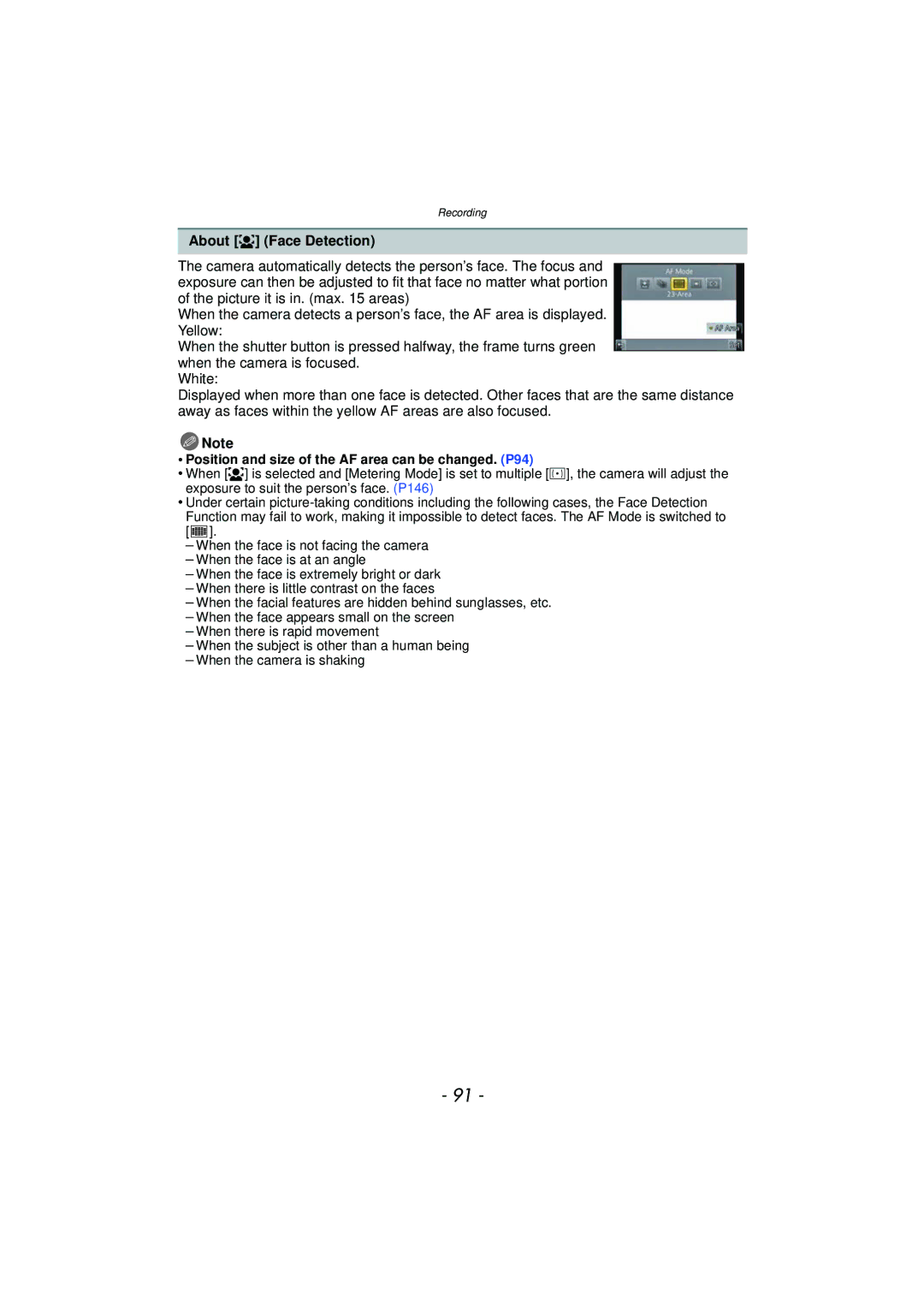 Panasonic DMC-GF5 owner manual About š Face Detection, Position and size of the AF area can be changed. P94 