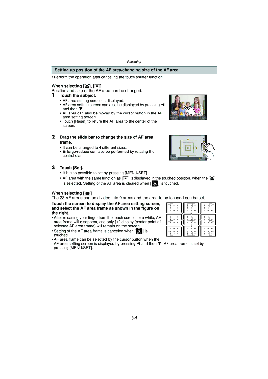 Panasonic DMC-GF5 owner manual When selecting š, Ø, Position and size of the AF area can be changed, Touch the subject 