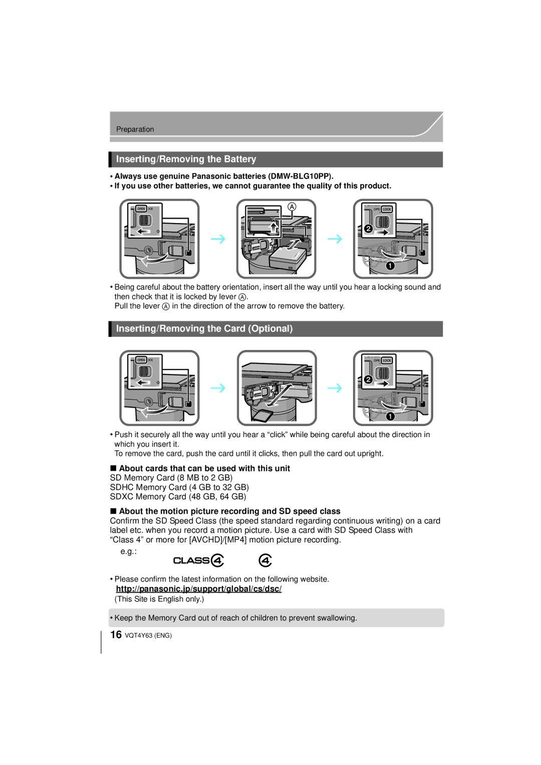 Panasonic DMC-GF6K owner manual Inserting/Removing the Battery, Inserting/Removing the Card Optional 