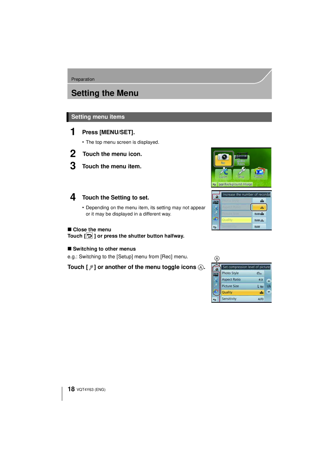 Panasonic DMC-GF6K Setting the Menu, Setting menu items, Press MENU/SET, Touch or another of the menu toggle icons a 