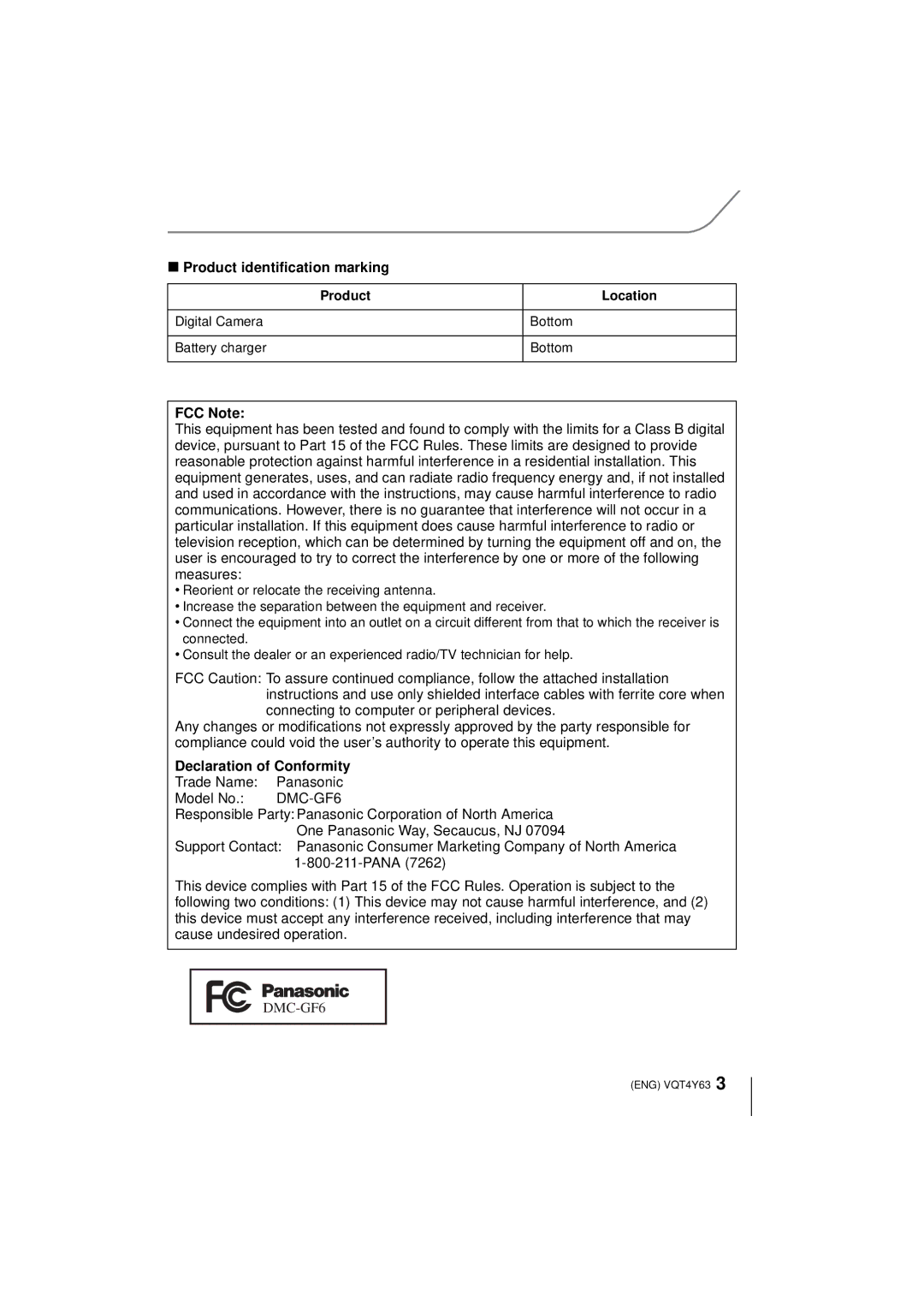 Panasonic DMC-GF6K owner manual Product identification marking, FCC Note, Declaration of Conformity 