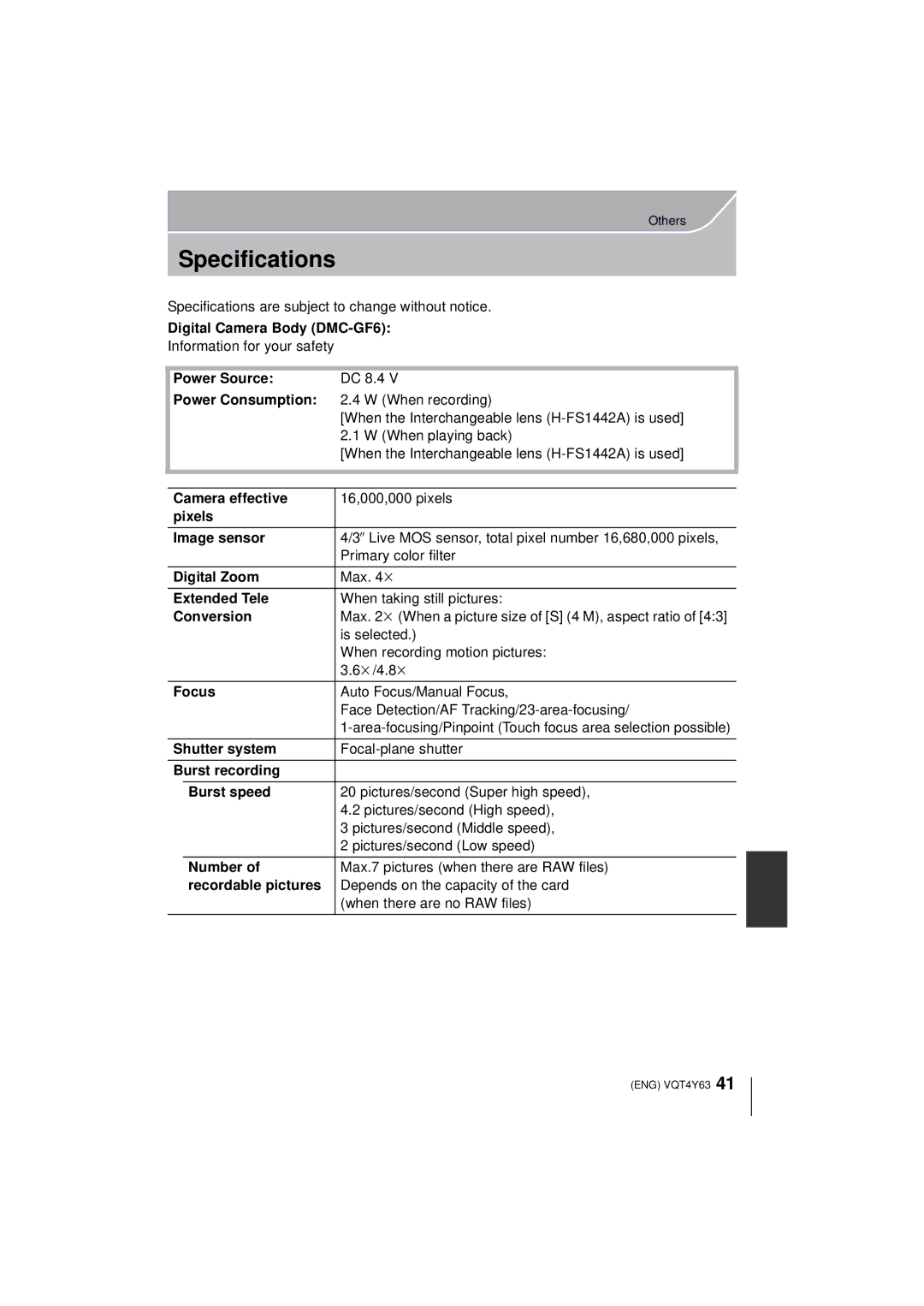 Panasonic DMC-GF6K owner manual Specifications 