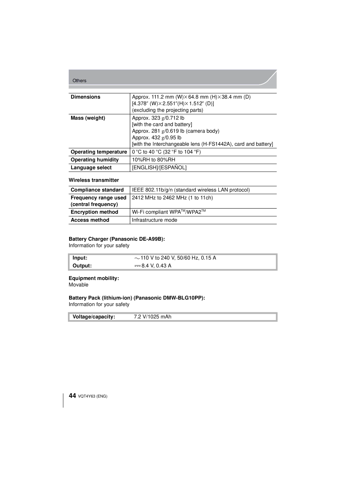 Panasonic DMC-GF6K Dimensions, Mass weight, Operating humidity, Language select, Wireless transmitter Compliance standard 