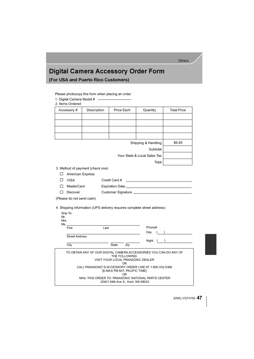 Panasonic DMC-GF6K owner manual Digital Camera Accessory Order Form, For USA and Puerto Rico Customers 