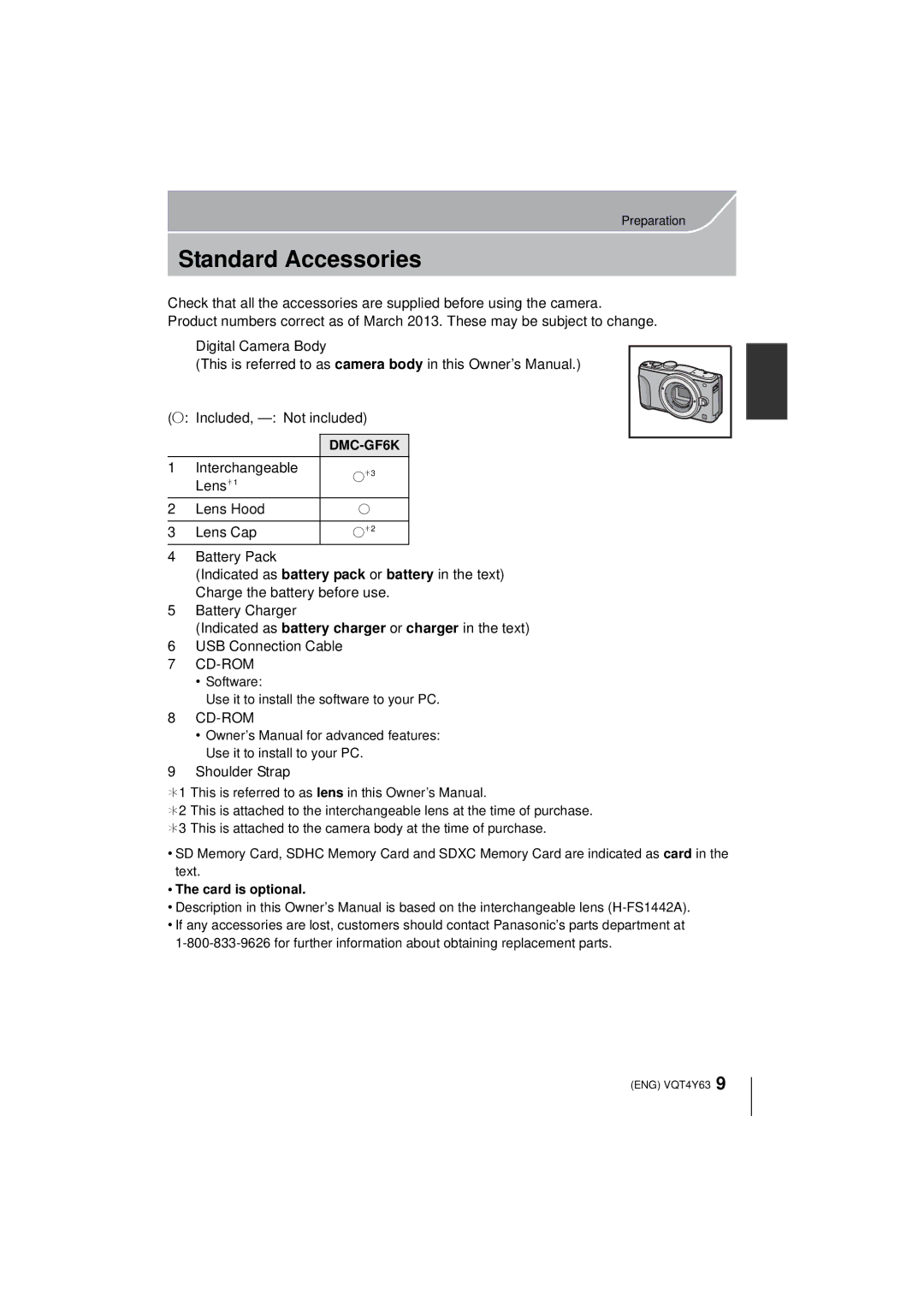 Panasonic DMC-GF6K Standard Accessories, Digital Camera Body ± Included, Not included, Interchangeable, Shoulder Strap 