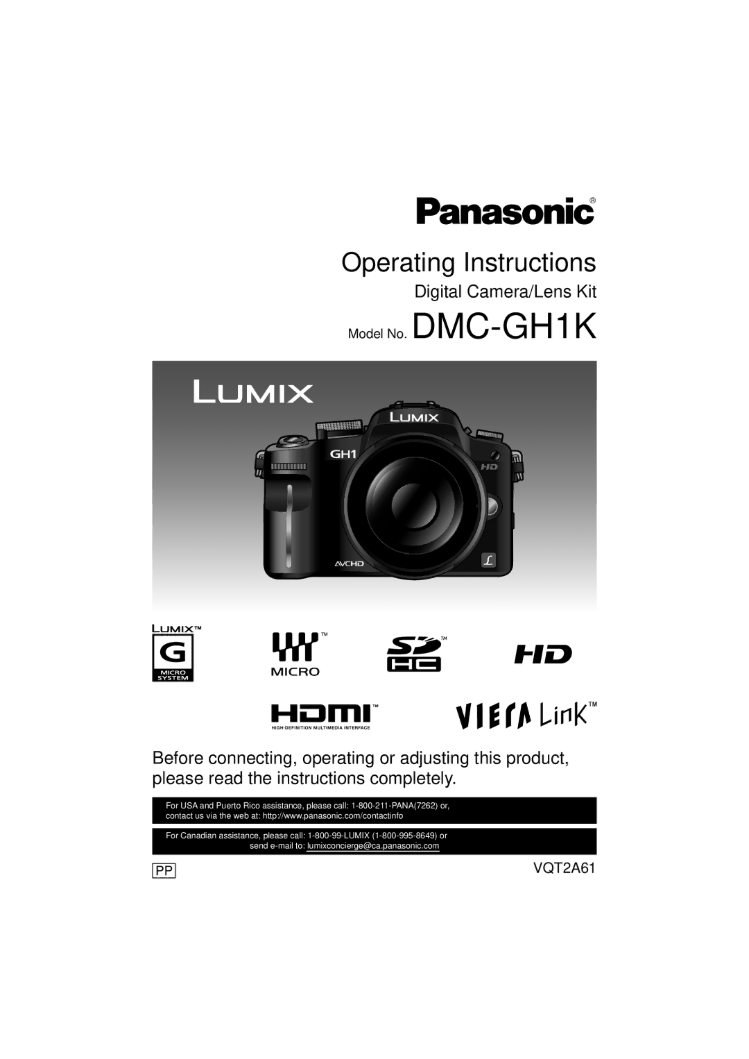 Panasonic DMC-GH1K operating instructions Operating Instructions 