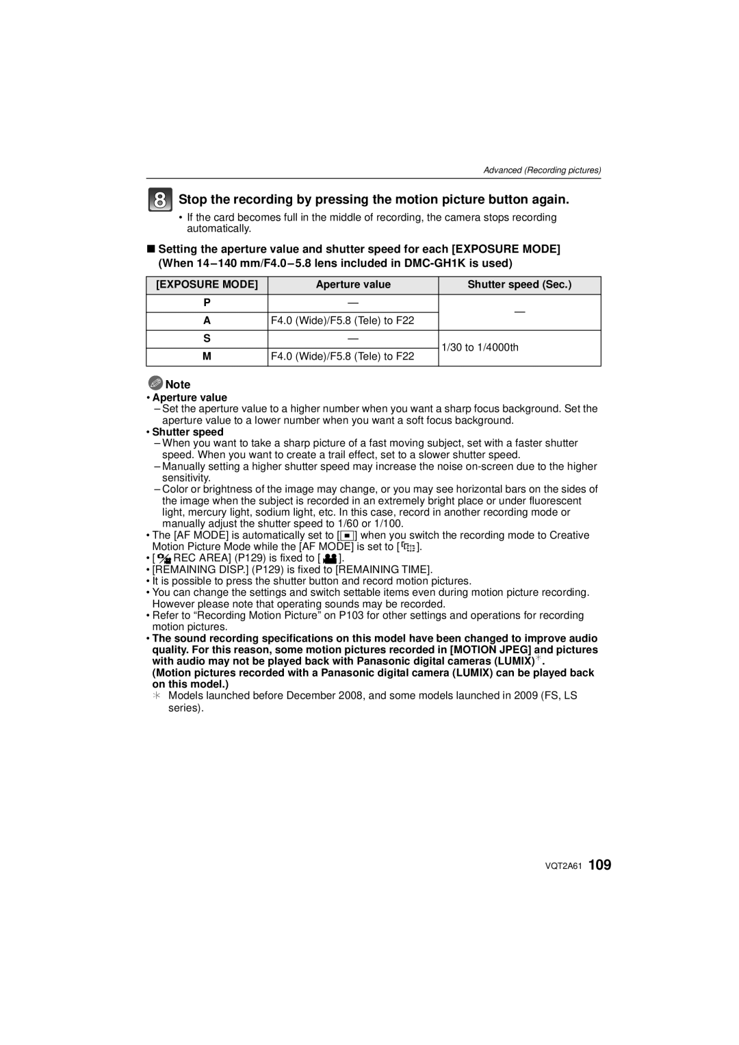 Panasonic DMC-GH1K operating instructions Exposure Mode 