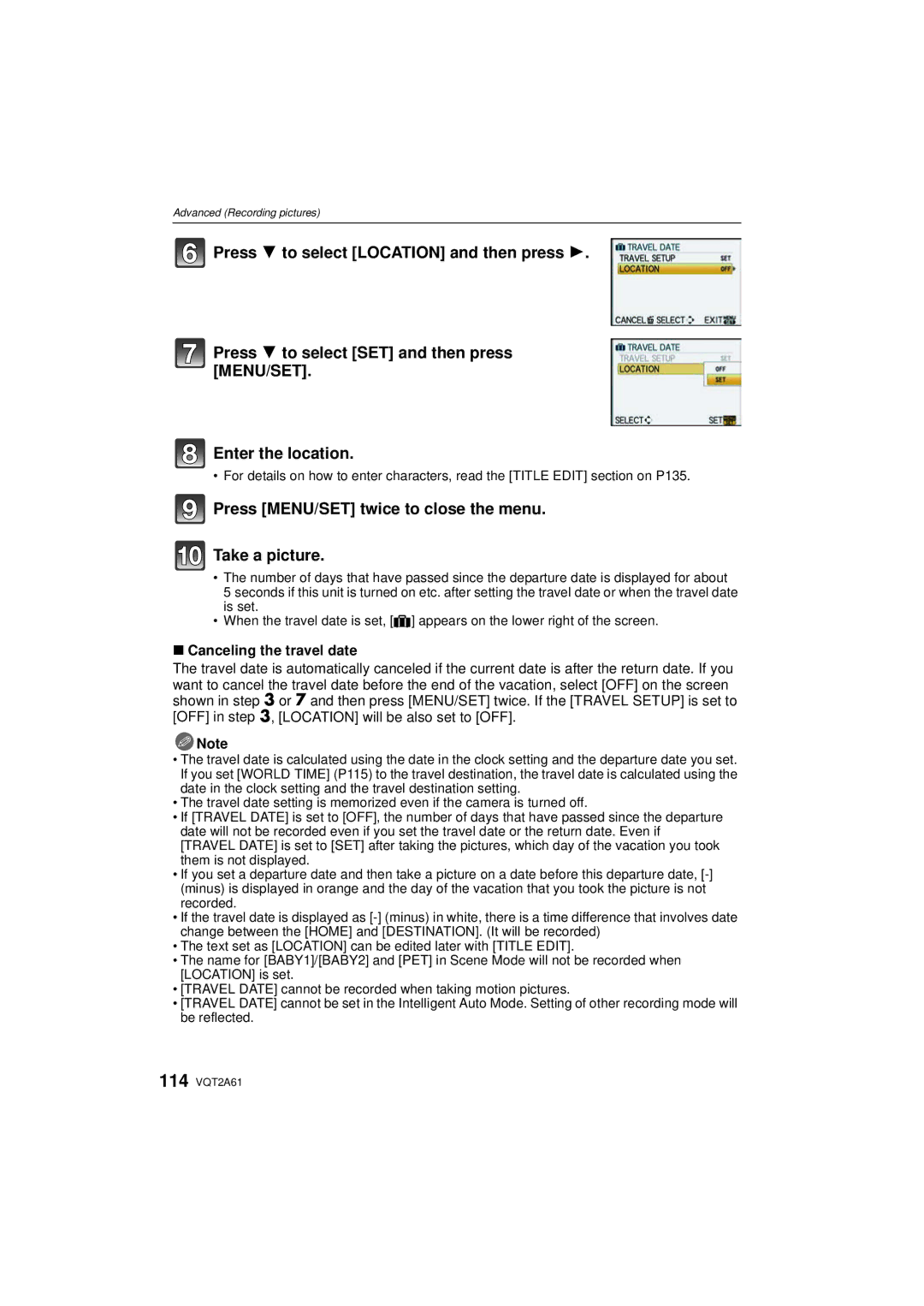 Panasonic DMC-GH1K operating instructions Press MENU/SET twice to close the menu Take a picture, Canceling the travel date 