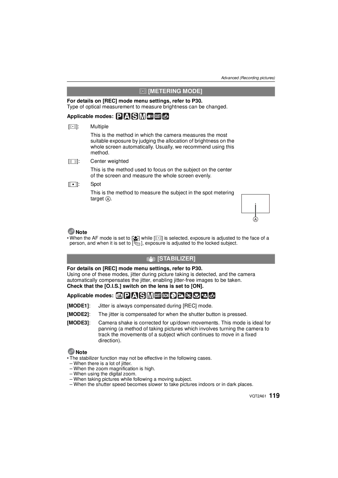 Panasonic DMC-GH1K operating instructions Metering Mode, Stabilizer 