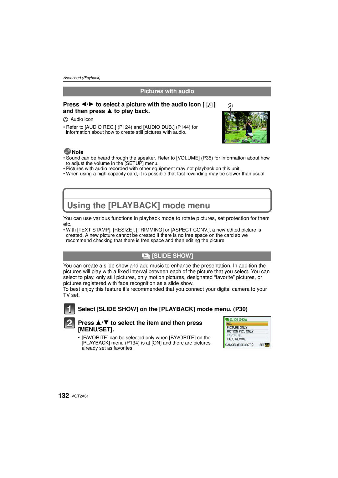 Panasonic DMC-GH1K operating instructions Using the Playback mode menu, Pictures with audio, Slide Show, Audio icon 