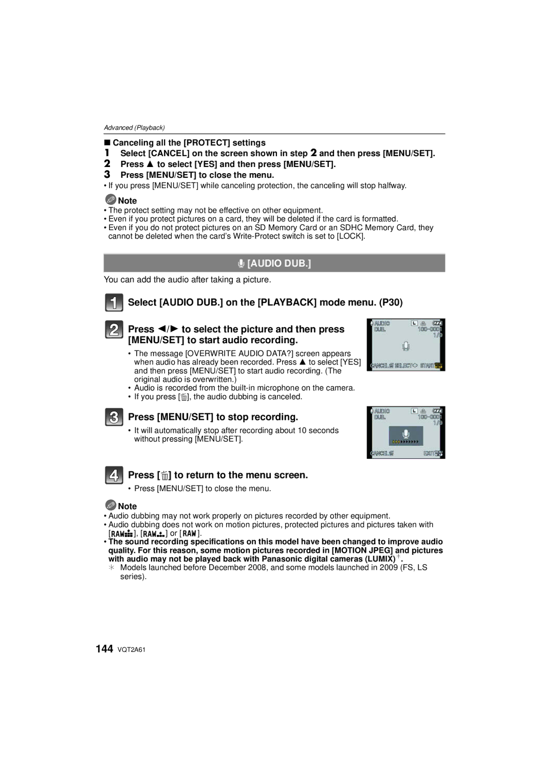 Panasonic DMC-GH1K Audio DUB, Press MENU/SET to stop recording, You can add the audio after taking a picture 