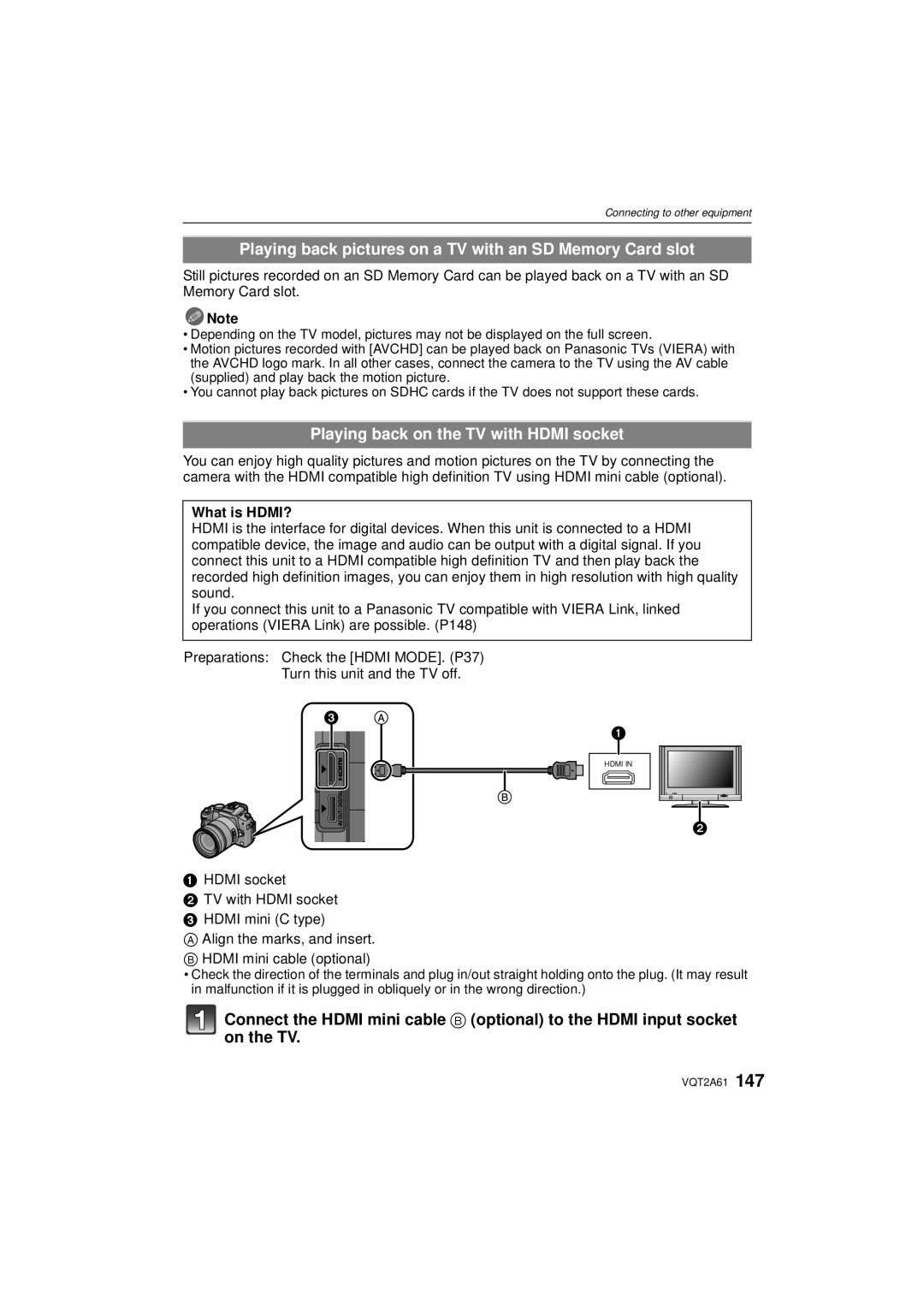 Panasonic DMC-GH1 Playing back pictures on a TV with an SD Memory Card slot, Playing back on the TV with Hdmi socket 