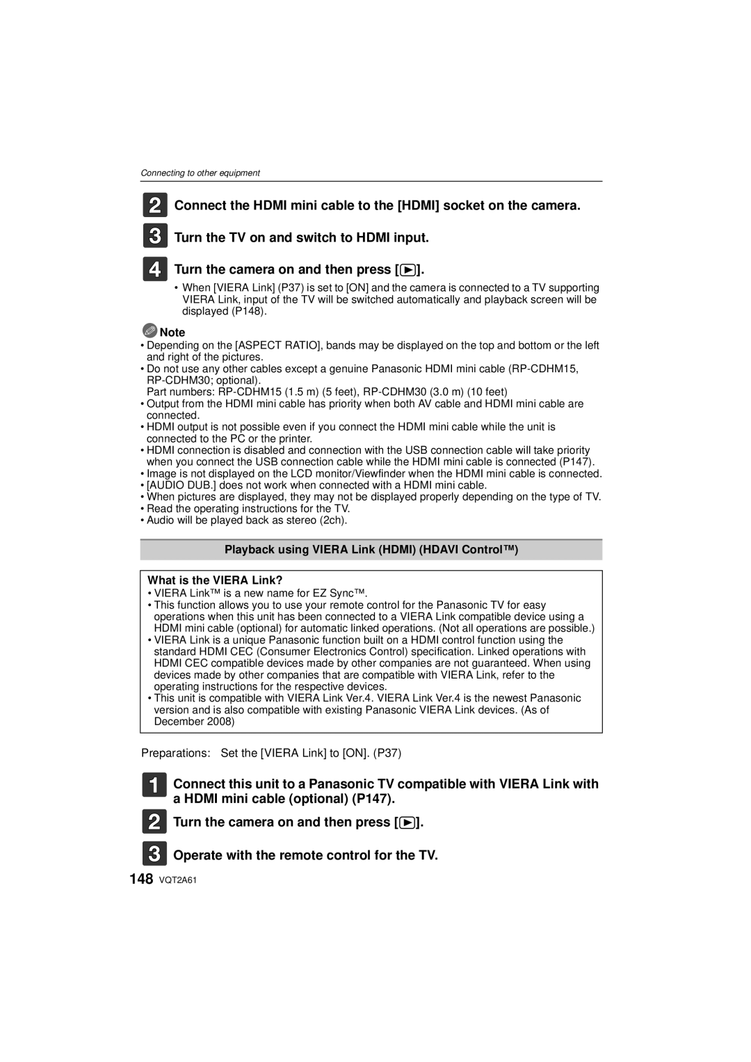 Panasonic DMC-GH1K operating instructions Preparations Set the Viera Link to ON. P37, Viera Link is a new name for EZ Sync 