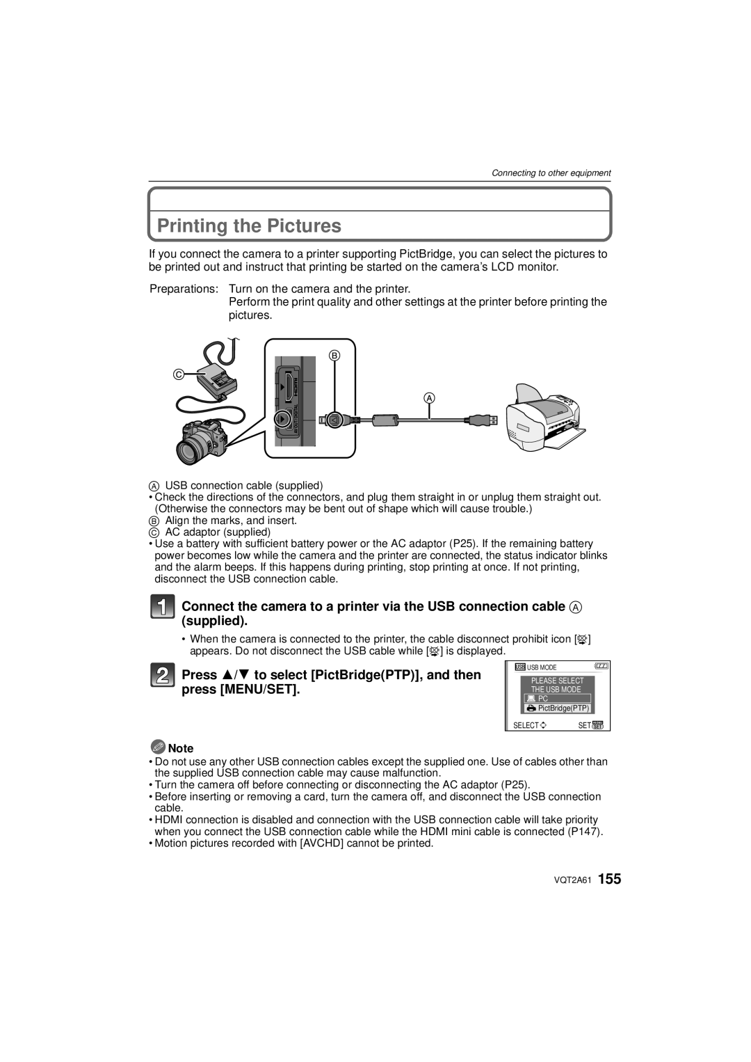 Panasonic DMC-GH1K Printing the Pictures, Press 3/4 to select PictBridgePTP, and then press MENU/SET 