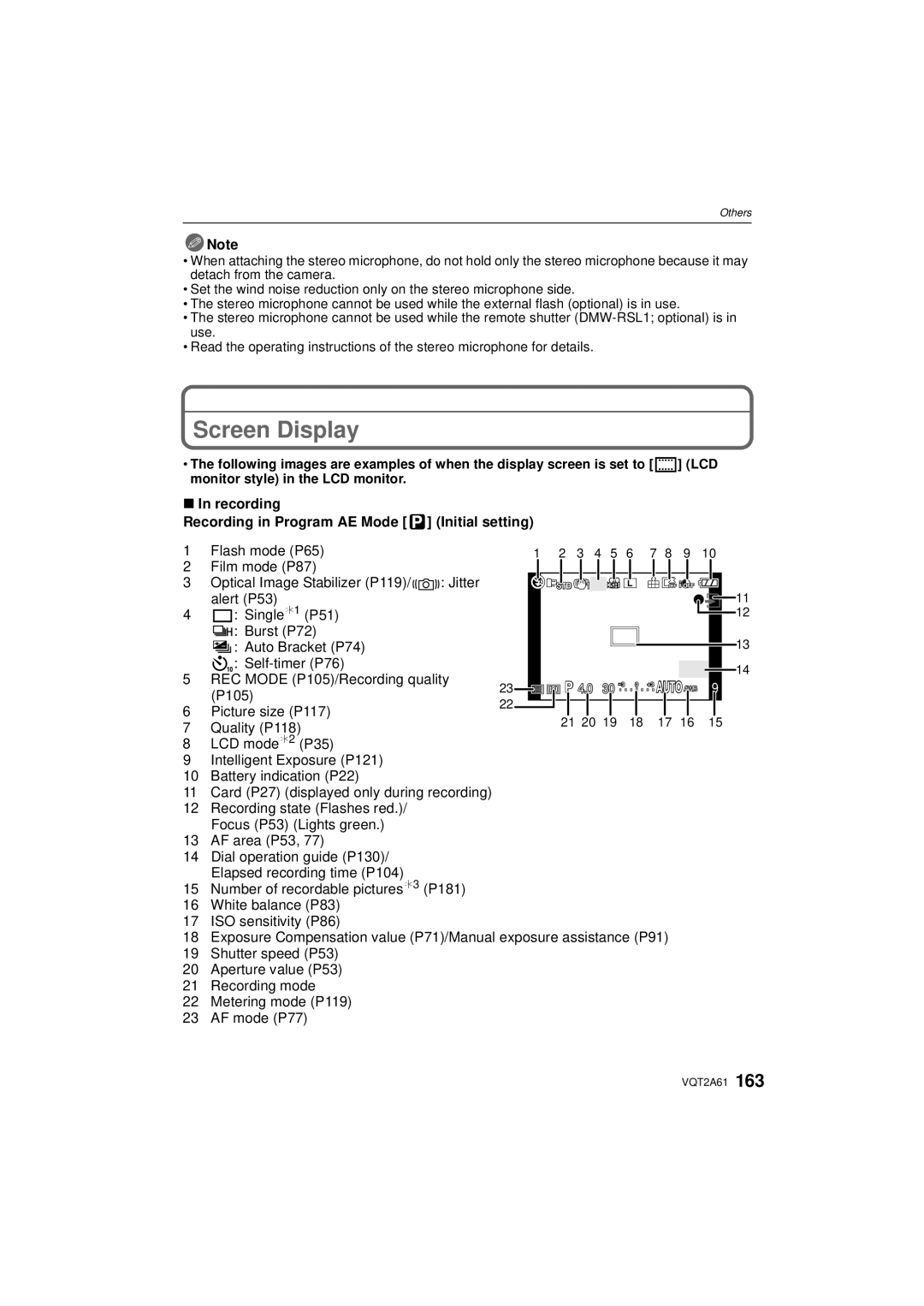 Panasonic DMC-GH1K operating instructions Screen Display, Recording Recording in Program AE Mode Initial setting 