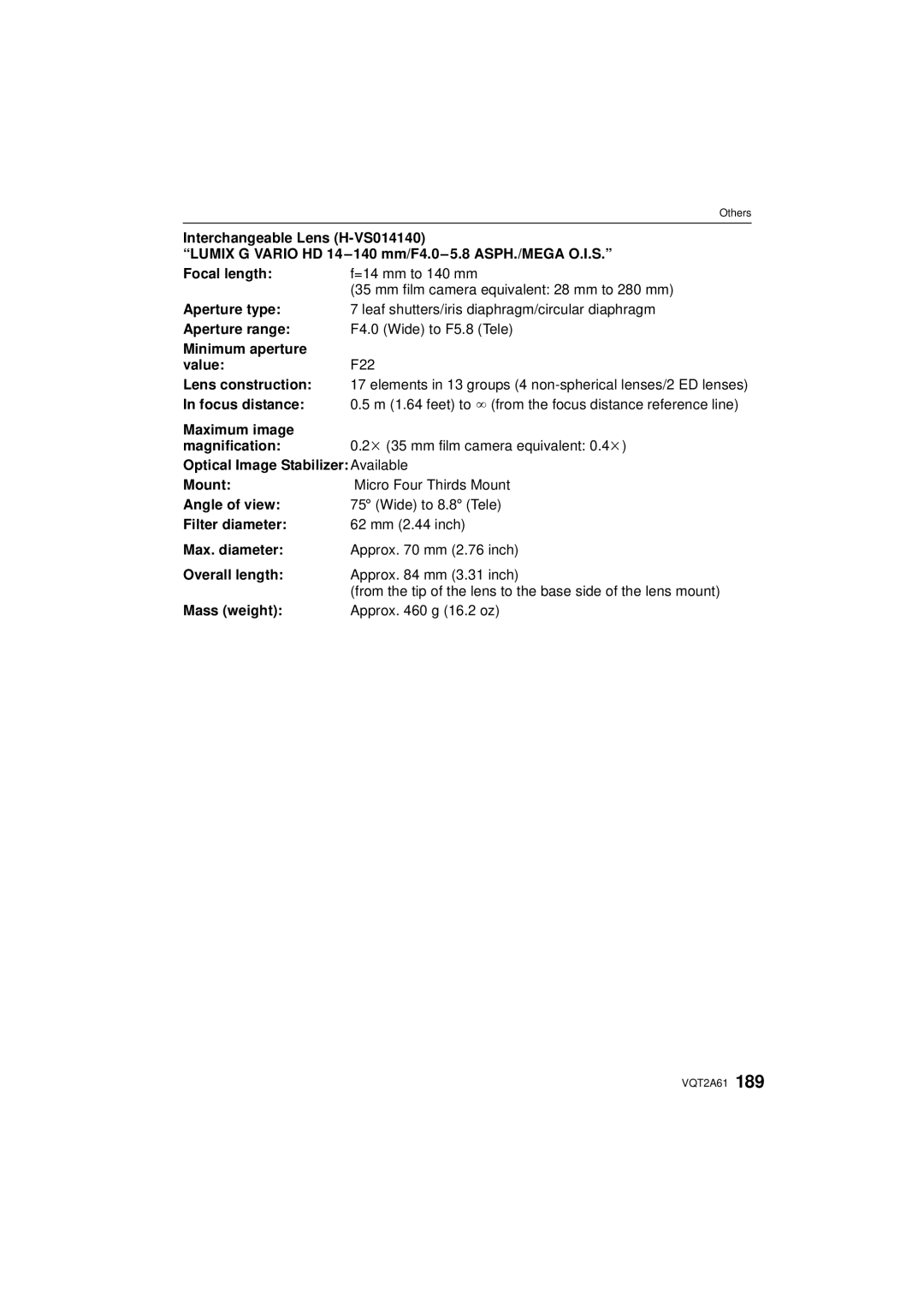 Panasonic DMC-GH1K operating instructions Focus distance, Elements in 13 groups 4 non-spherical lenses/2 ED lenses 