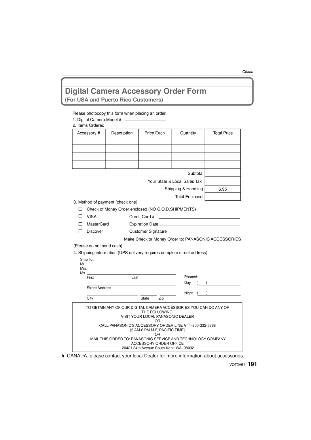 Panasonic DMC-GH1K operating instructions Digital Camera Accessory Order Form, For USA and Puerto Rico Customers 