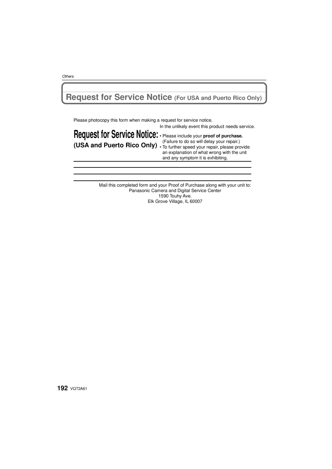 Panasonic DMC-GH1K operating instructions Request for Service Notice For USA and Puerto Rico Only 