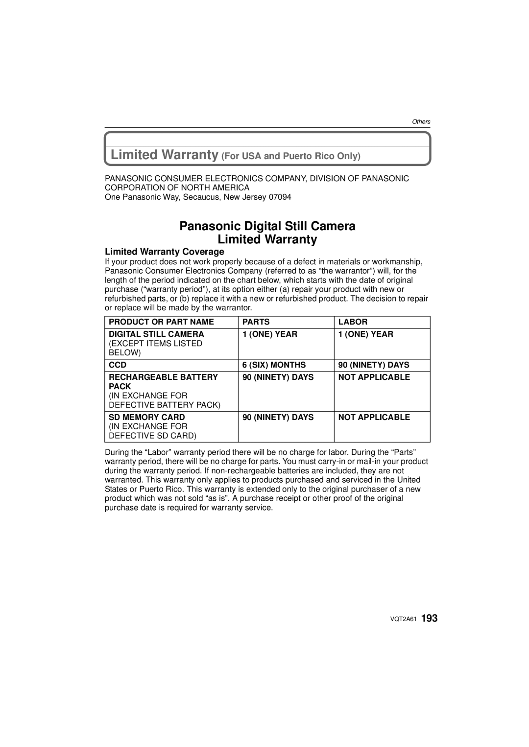 Panasonic DMC-GH1K operating instructions Limited Warranty Coverage, One Panasonic Way, Secaucus, New Jersey 