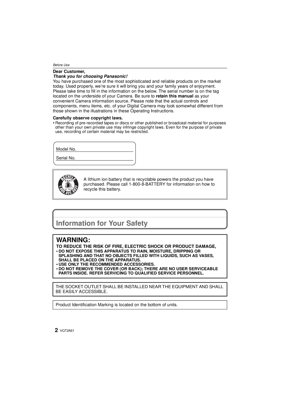 Panasonic DMC-GH1K operating instructions Information for Your Safety, Dear Customer, Carefully observe copyright laws 