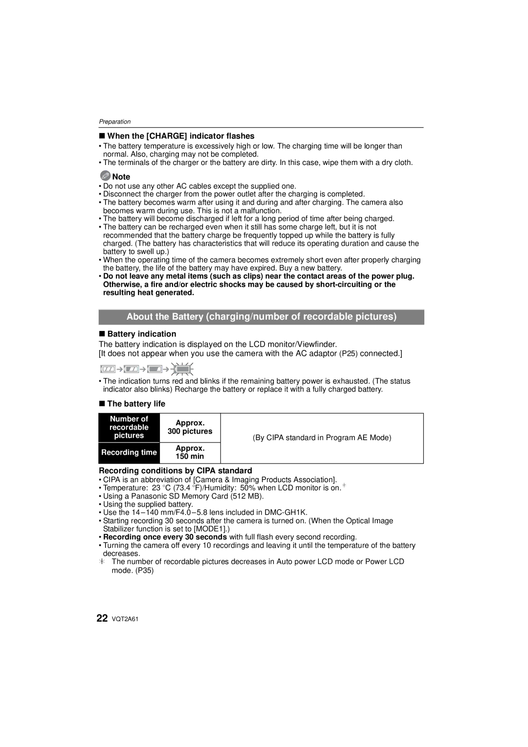 Panasonic DMC-GH1K operating instructions When the Charge indicator flashes, Battery indication, Battery life 