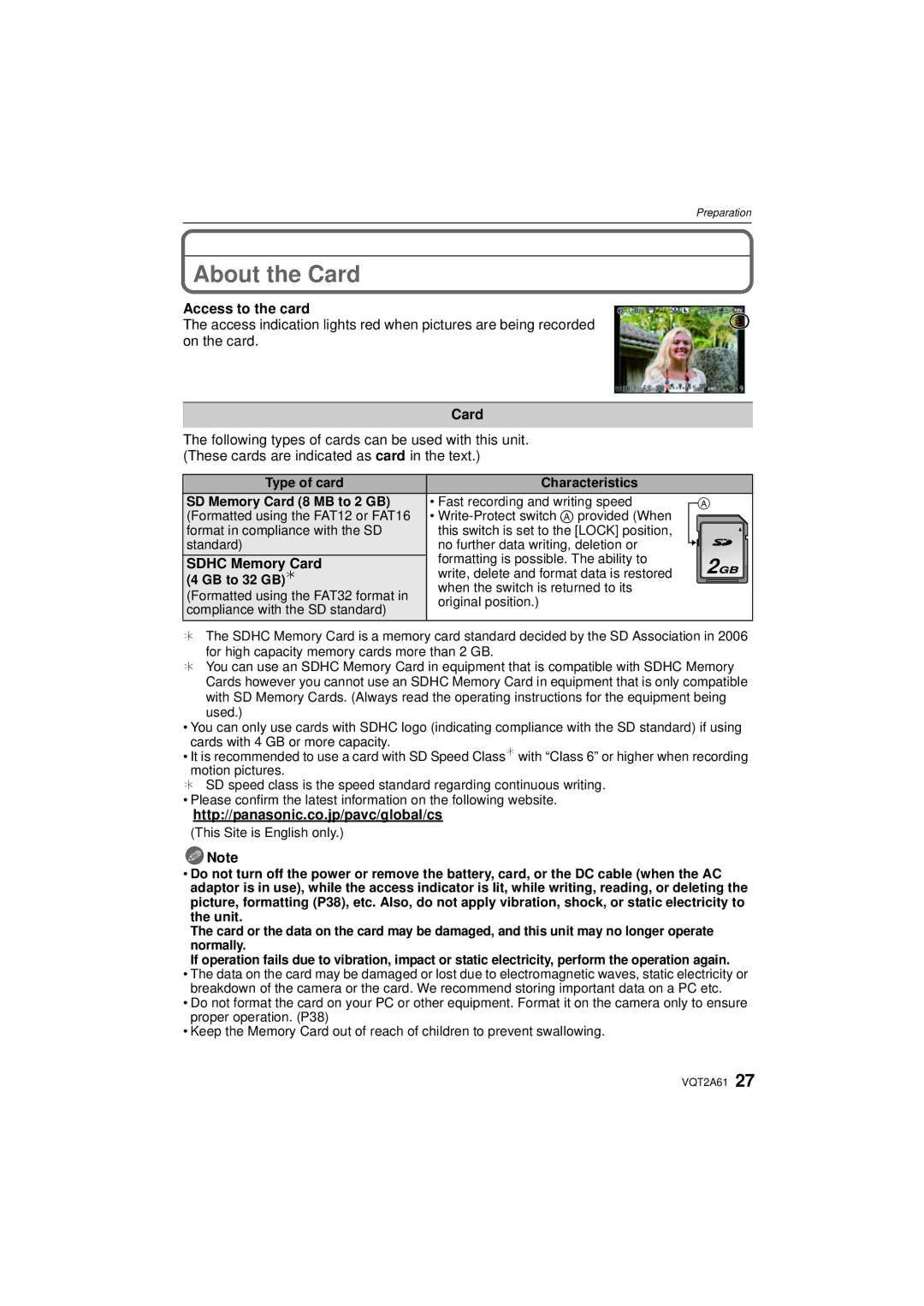 Panasonic DMC-GH1K operating instructions About the Card, Access to the card, Sdhc Memory Card 