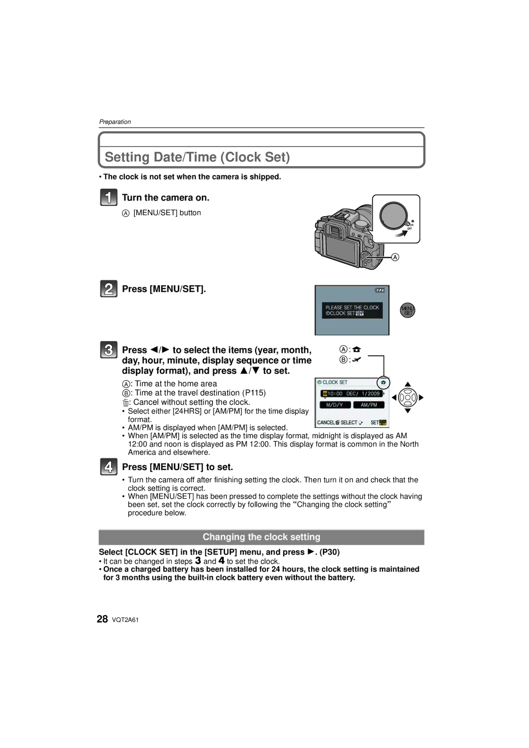 Panasonic DMC-GH1K Setting Date/Time Clock Set, Turn the camera on, Press MENU/SET to set, Changing the clock setting 